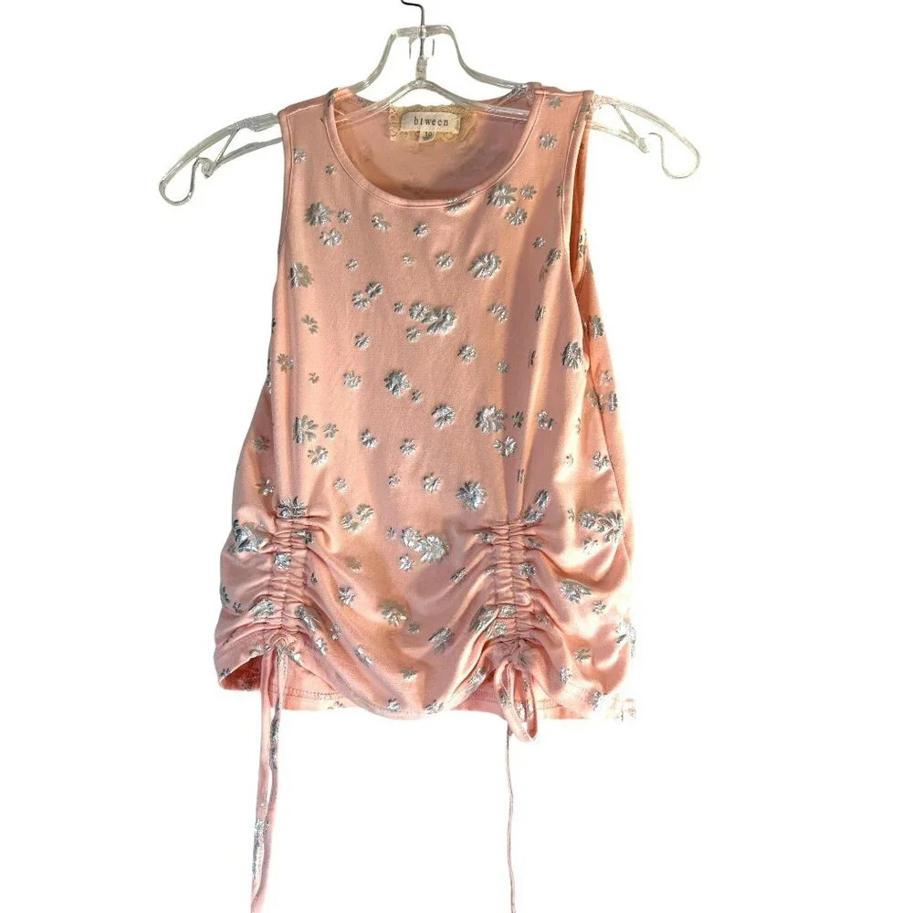 between Girls Tank Top Pink/Silver Flowers Cinched Tie Front Size 10